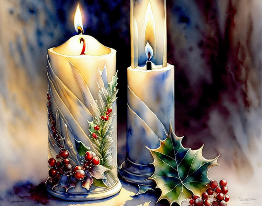 Festive holly arrangement with lit candles