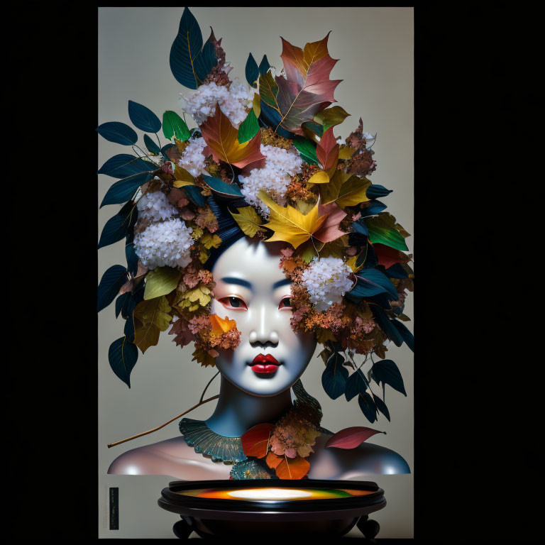 Serene-faced figure with autumn leaf headdress and hummingbird on pedestal