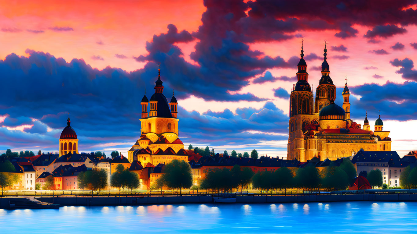 European-style architecture skyline at sunset with domes and towers reflected in water