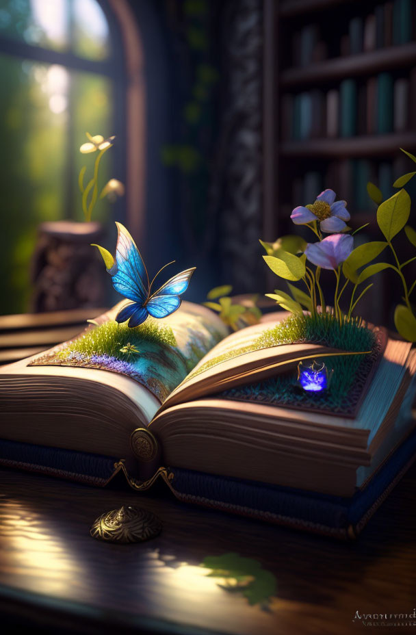 Open book with grass, butterfly, and sunlight on wooden table