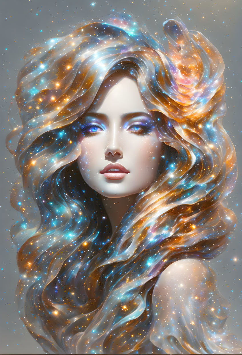 Woman with flowing cosmic hair in digital art