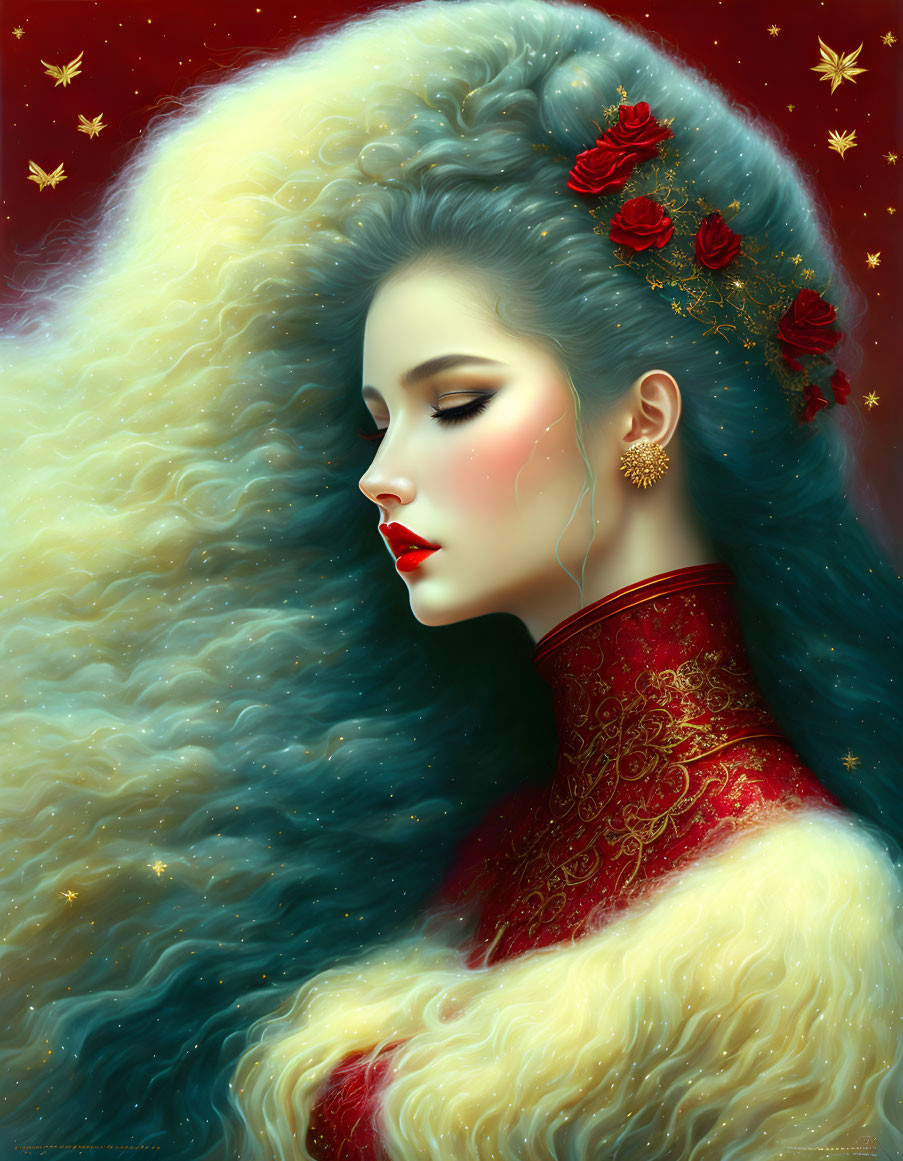 Portrait of woman with red roses in flowing hair against starry background