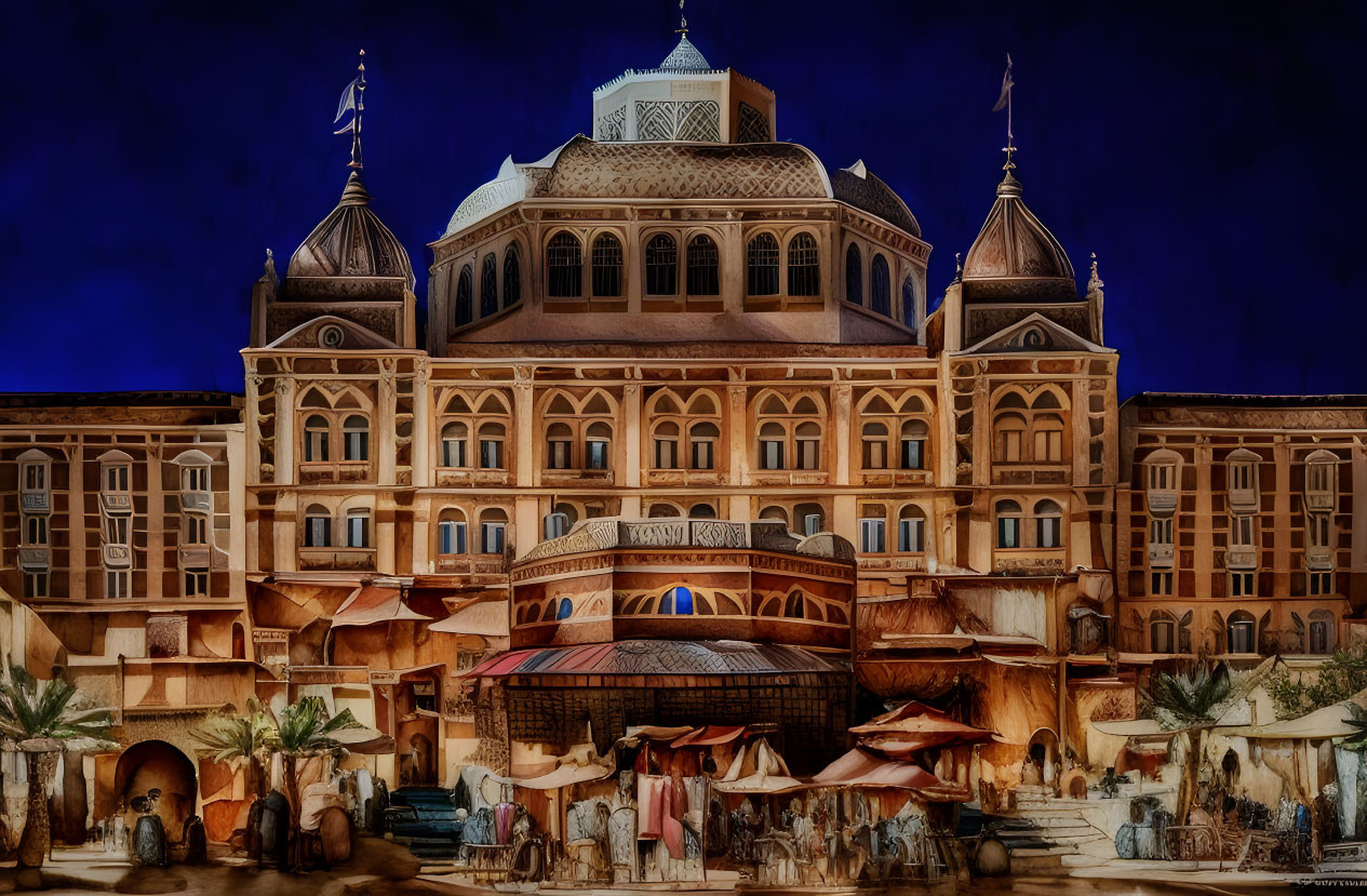 Palatial Building with Domes Overlooking Market Scene at Dusk