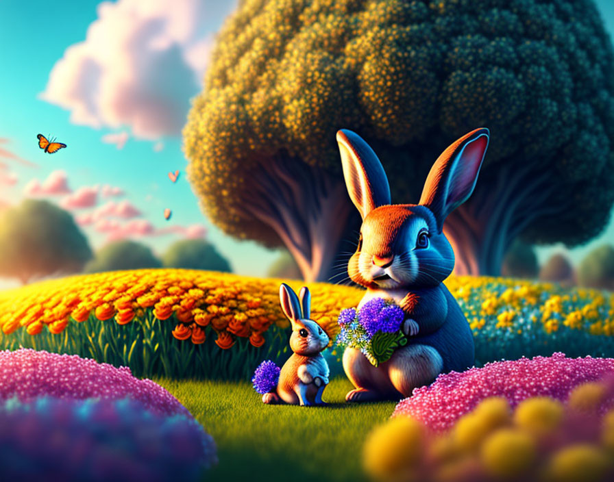 Colorful cartoon rabbits in vibrant meadow with trees, flowers, and butterfly