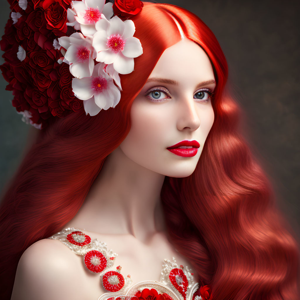 Vibrant red-haired woman with blue eyes in floral headpiece pose.