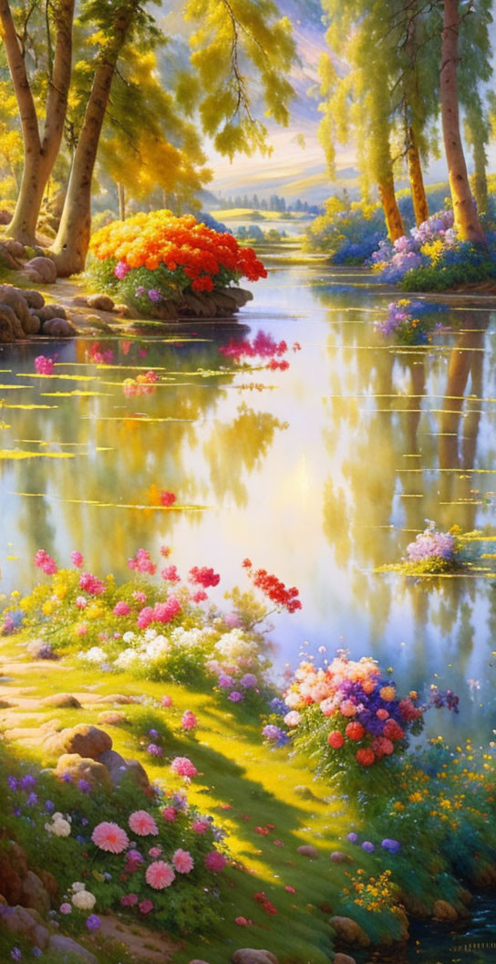 Tranquil riverside scene with lush trees and vibrant flowers