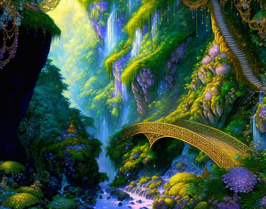 Mystical forest with golden bridge, lush flora, vibrant flowers, and cascading waterfalls