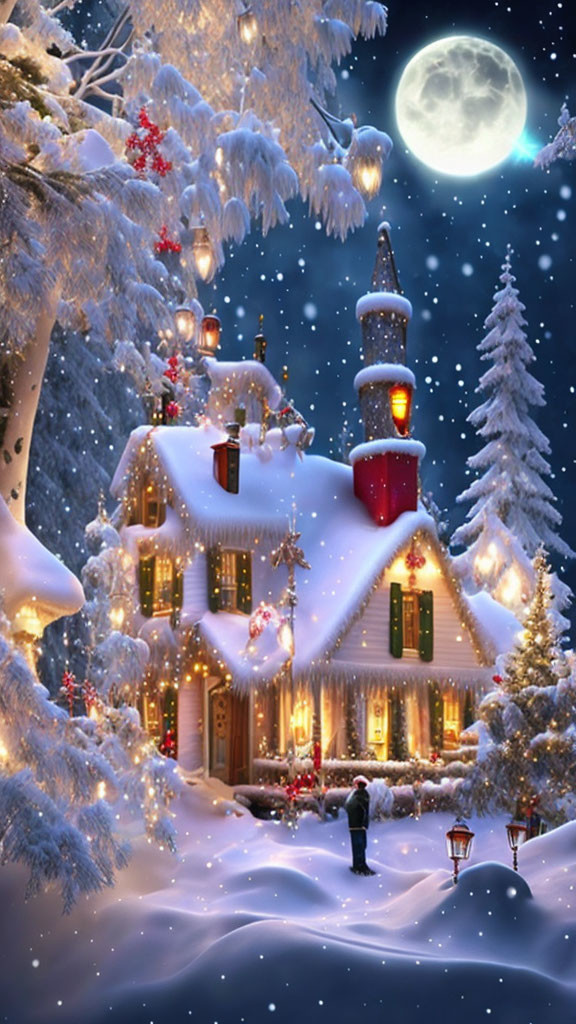 Snow-covered house with Christmas lights in winter scene