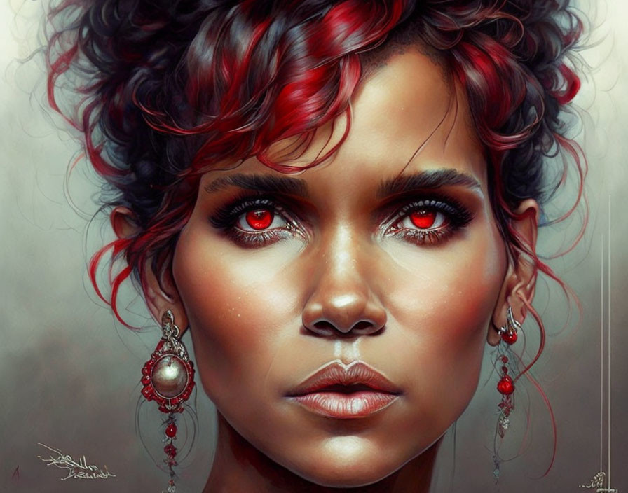 Red and Black Curly Hair Woman Portrait with Intense Red Eyes