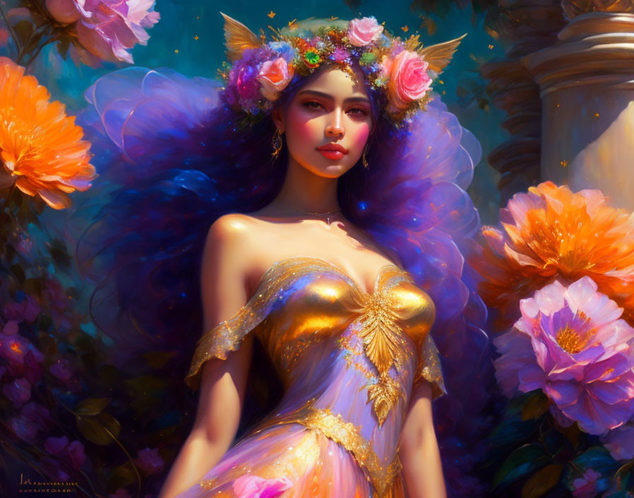 Fantasy artwork: Woman with pointed ears in golden gown among vibrant flowers