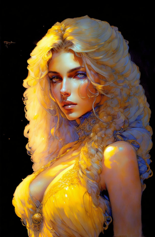 Fantasy woman portrait with golden hair, blue eyes, yellow dress