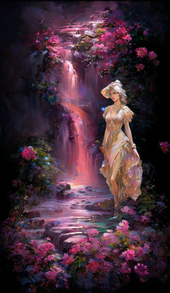 Female figure in elegant attire by cascading waterfall with lush flowers