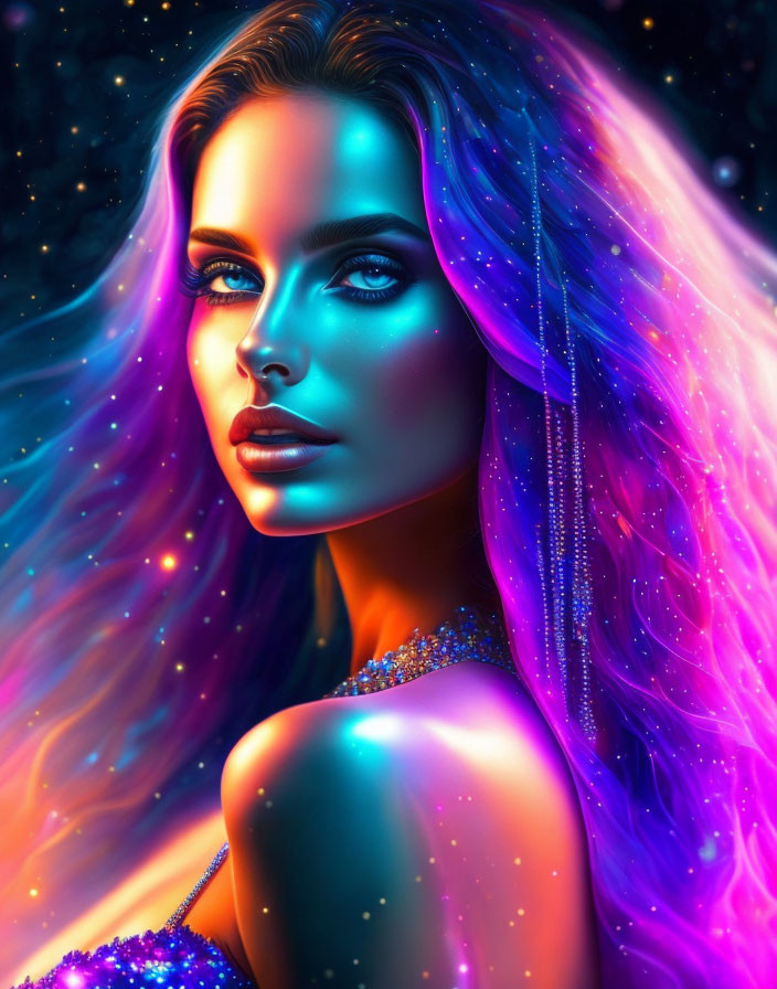 Colorful portrait of a woman with neon hues and galaxy-inspired hair.