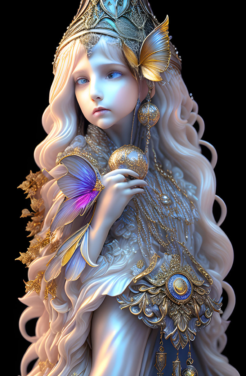 Fantasy character with long wavy hair, jeweled crown, butterfly motif, and spherical object.