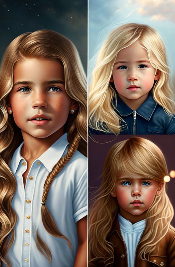 Three portraits of young girls with blue eyes and blonde hair in different styles, set against a night sky