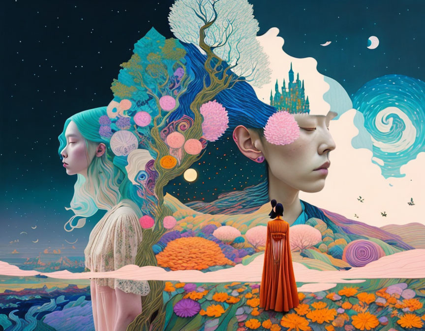 Profile portraits merge with fantastical landscapes in vibrant digital art