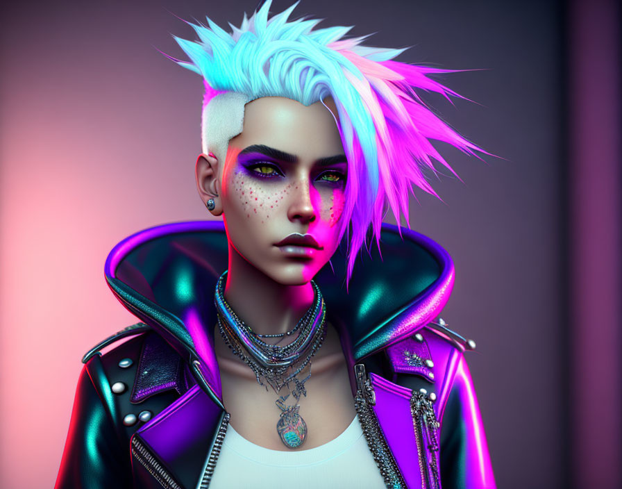 Punk-inspired digital artwork with blue and pink mohawk hair