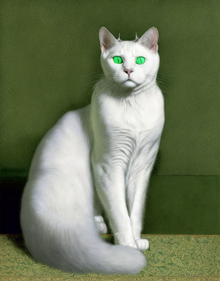 White Cat with Green Eyes on Green Background with Border