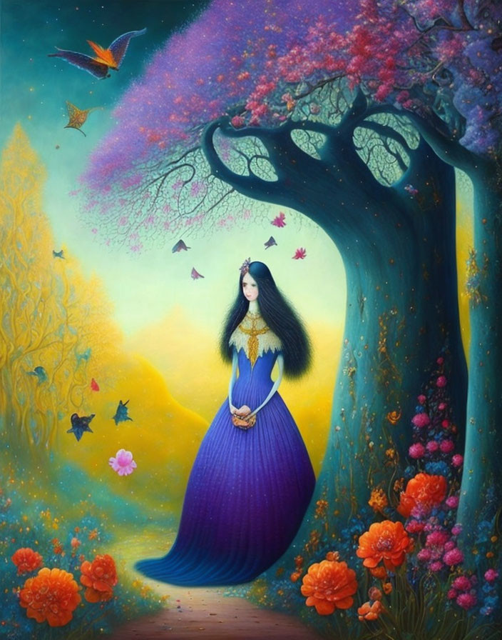 Colorful painting: Woman in blue dress under vibrant tree