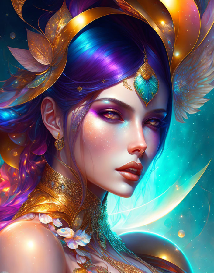 Fantasy portrait: Woman with vibrant blue hair and golden leafy headpiece in mystical setting