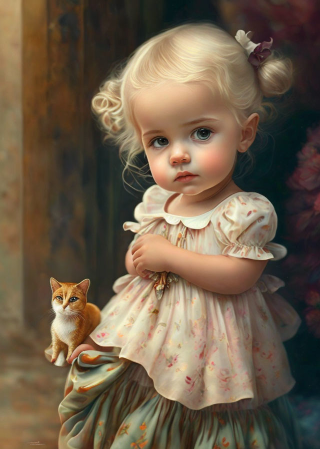 Realistic painting of young girl with blonde hair holding orange kitten