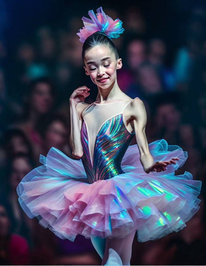 Young ballerina in colorful tutu gracefully performs on stage