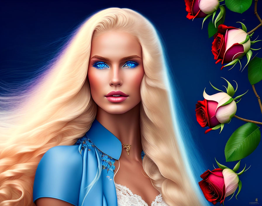 Blonde Woman with Blue Eyes Surrounded by Red Roses on Blue Background