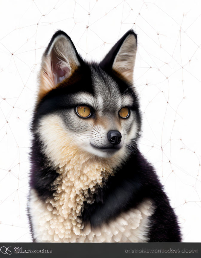 Monochrome fox-like creature with fluffy ruff on pale background