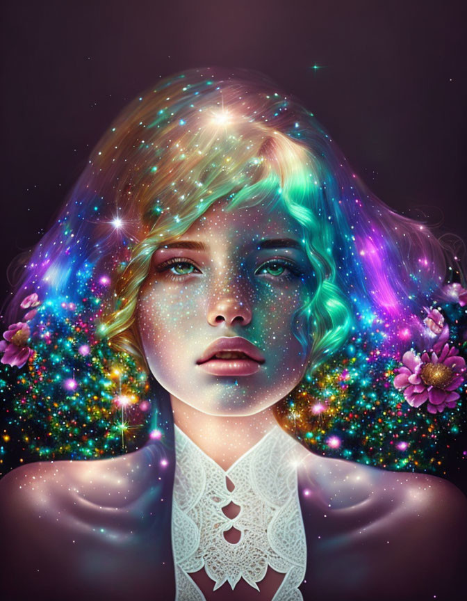 Vibrant cosmic-inspired digital portrait of a woman with starry skin on dark background