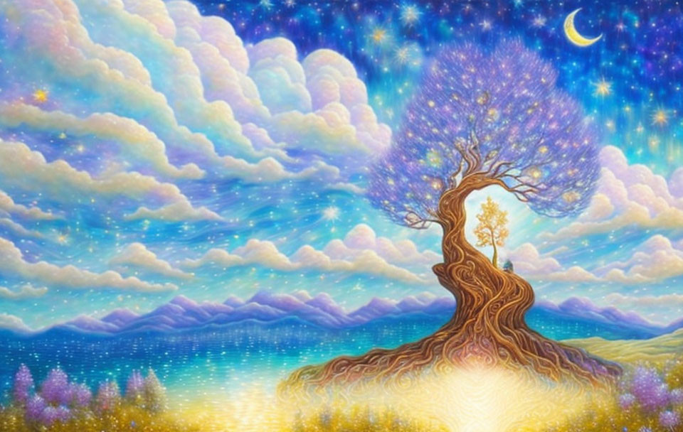 Colorful swirling tree painting under starry night sky