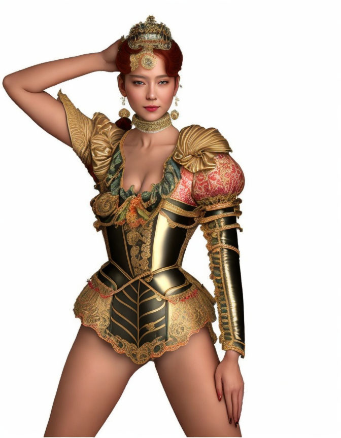 Stylized digital artwork of a woman in golden armor with red and gold details