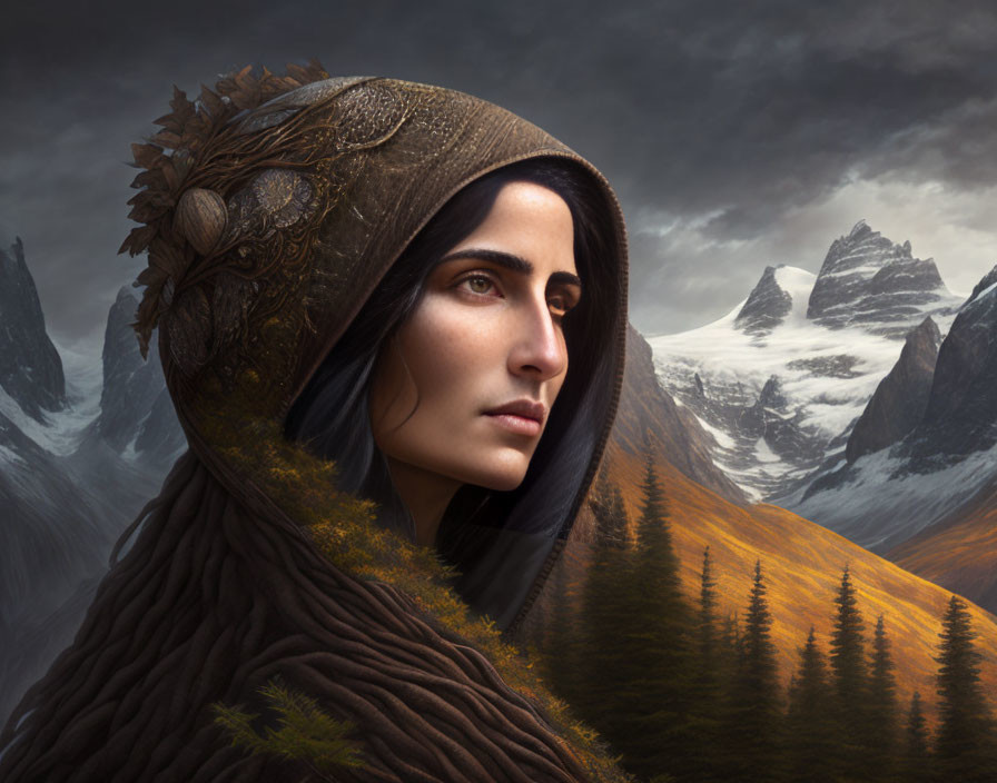 Woman in embellished cloak gazes at mountain landscape