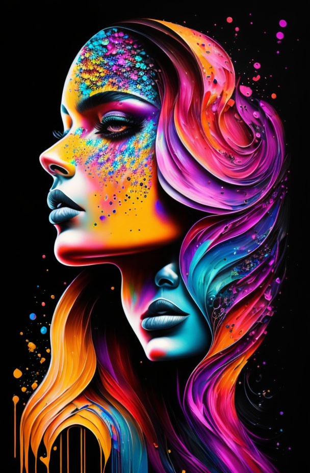 Colorful woman's profile art on black background