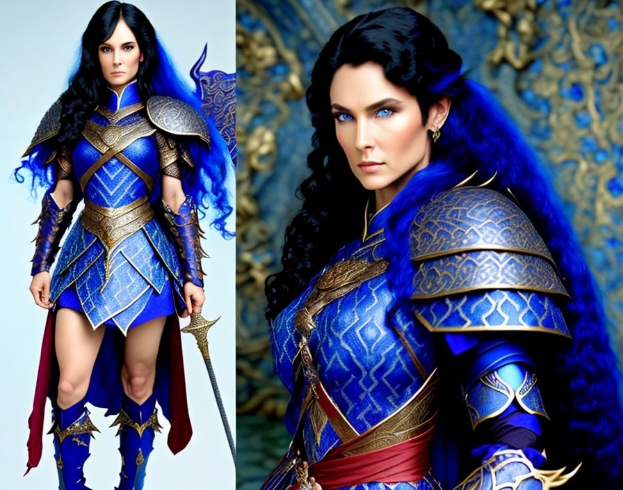 Woman in Blue and Gold Fantasy Armor with Dark Hair and Confident Pose