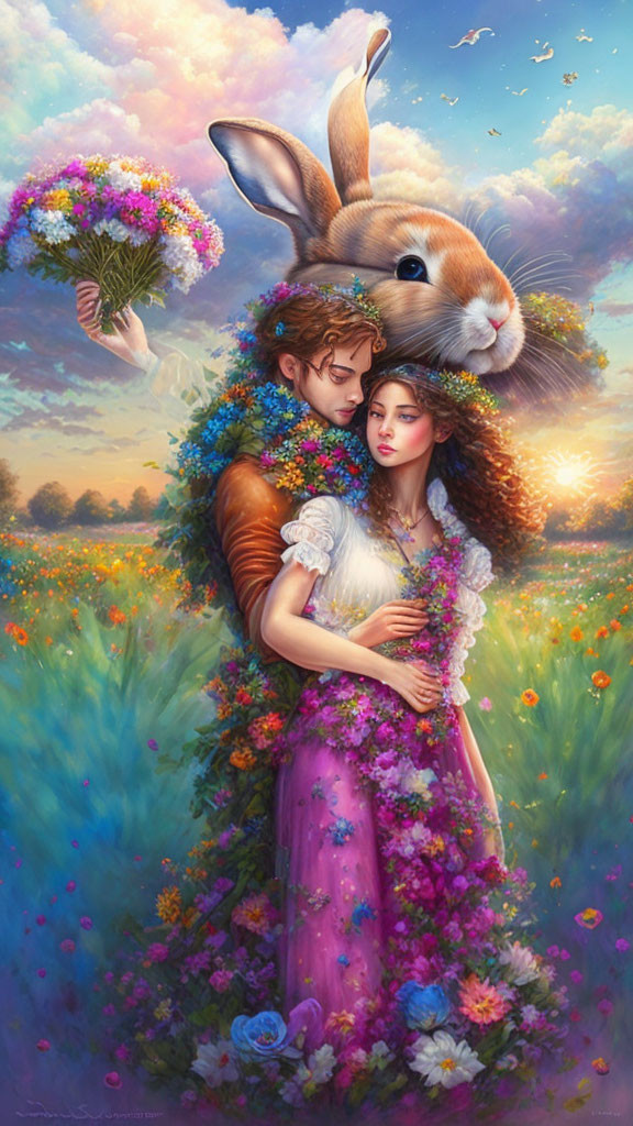 Fantasy painting of romantic couple in flower meadow with giant rabbit and nature elements.