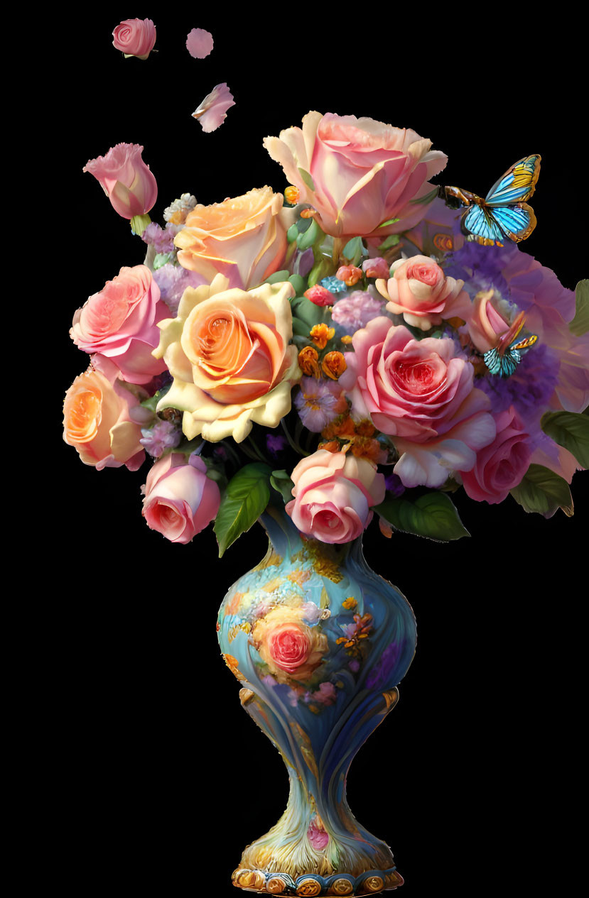 Colorful Floral Arrangement with Pink, Yellow Roses, Purple Flowers, and Blue Butterfly