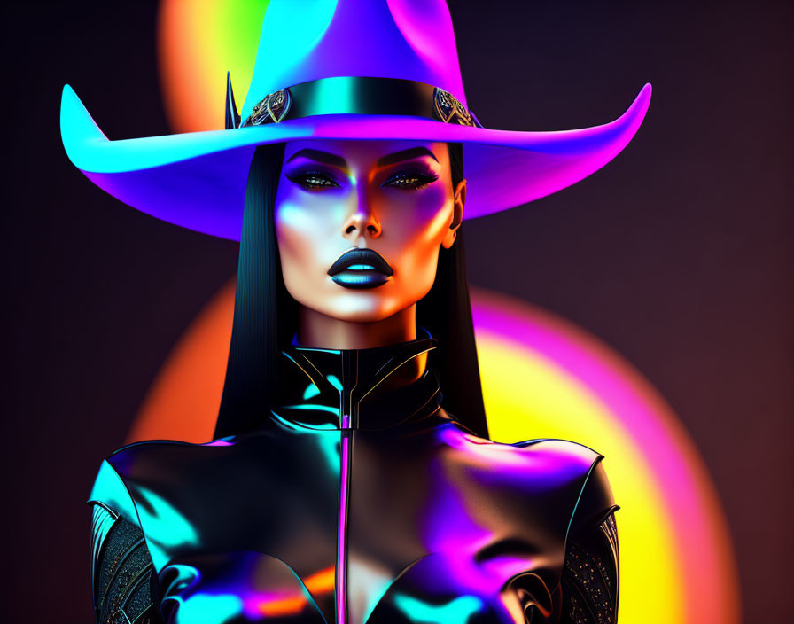 Exaggerated 3D woman in futuristic outfit with purple cowboy hat