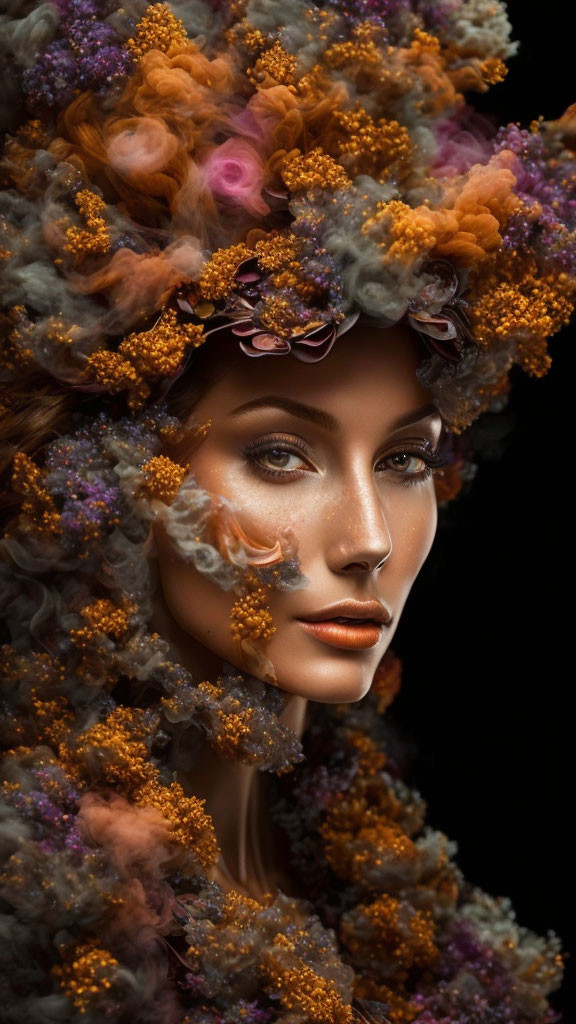 Woman adorned with orange and purple floral headdress and moss, emitting mystical vibes