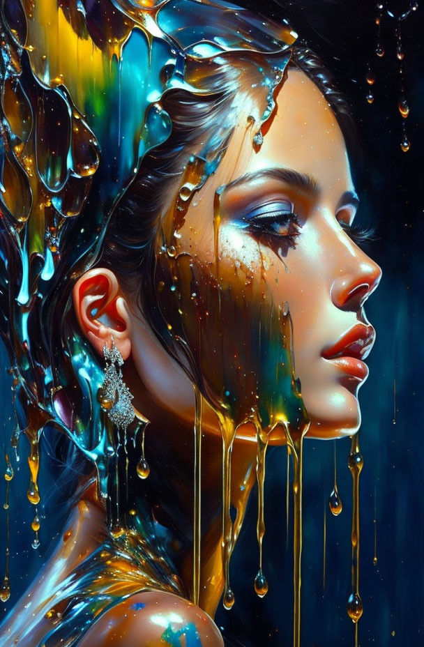 Colorful liquid flowing over serene woman with detailed earring