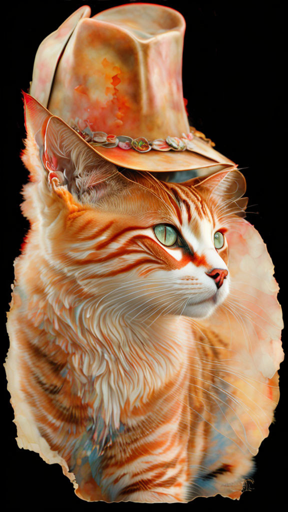 Orange Tabby Cat in Cowboy Hat on Black Background