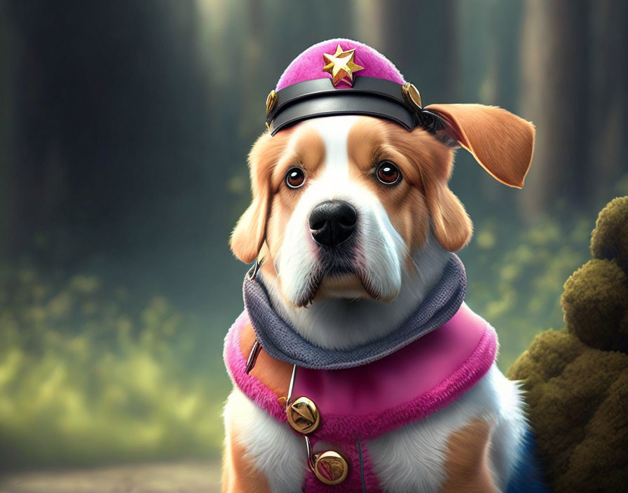 Digital artwork: Dog with soulful eyes in pink jacket, star cap, and gold medal against forest