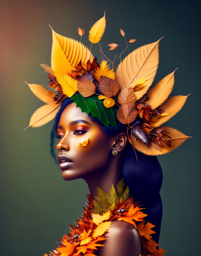 Woman adorned with autumn leaves and feathers headdress, featuring leaf motif on cheek.