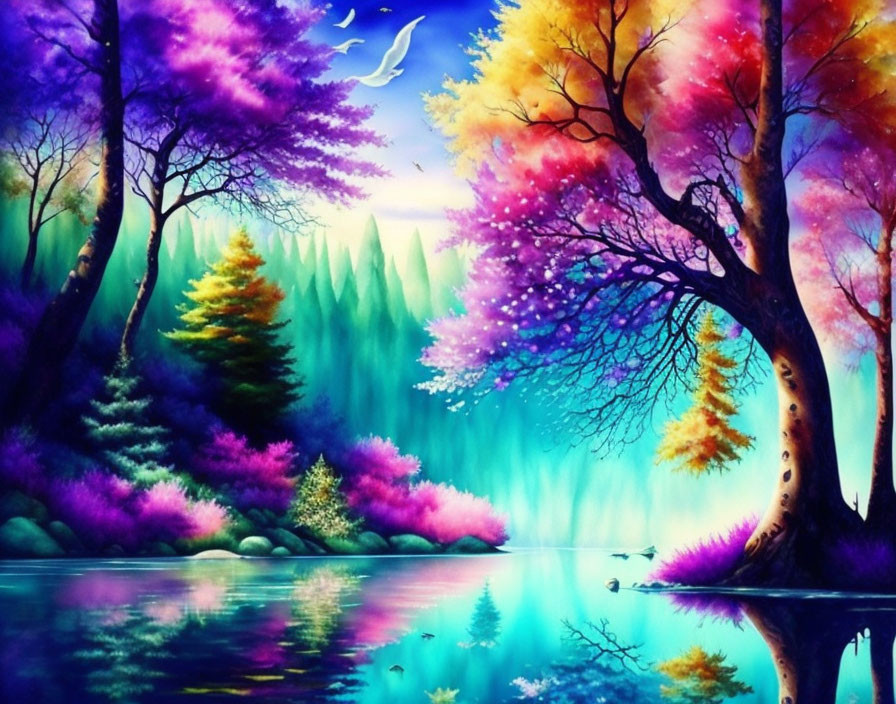 Multicolored fantasy forest with reflective lake and misty background