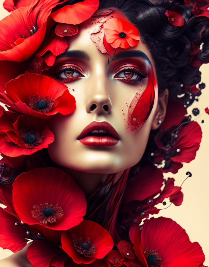 Vibrant red poppies adorn woman's portrait with striking red makeup