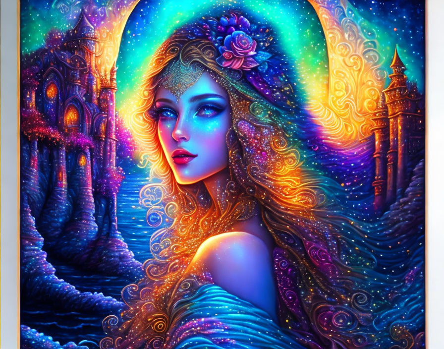 Fantasy artwork: Woman with floral hair adornments in magical castle backdrop