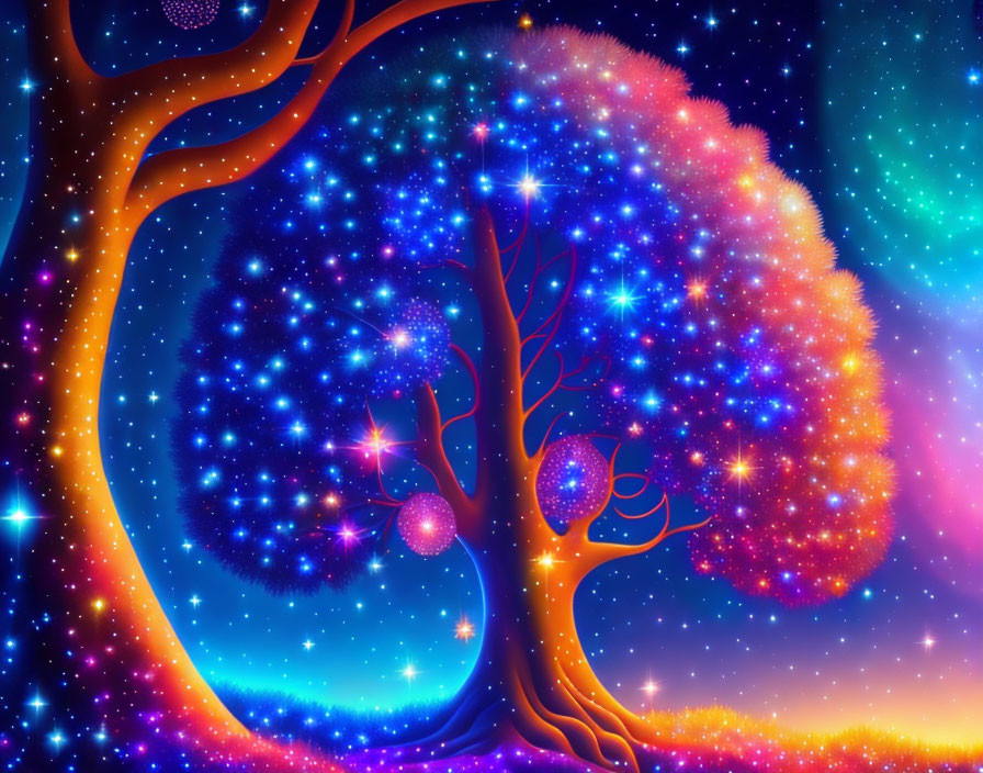 Colorful Cosmic Tree Branches Against Starry Night Sky