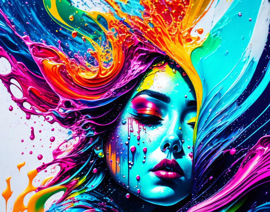 Colorful Abstract Art: Woman's Face with Paint Splashes