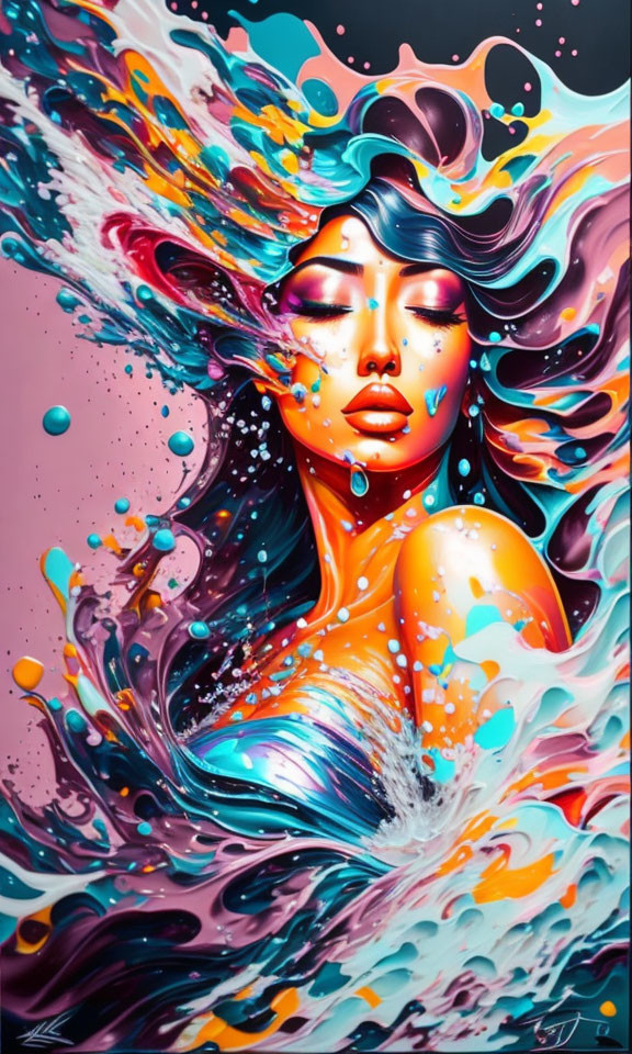 Colorful digital artwork: Woman with swirling paint splash