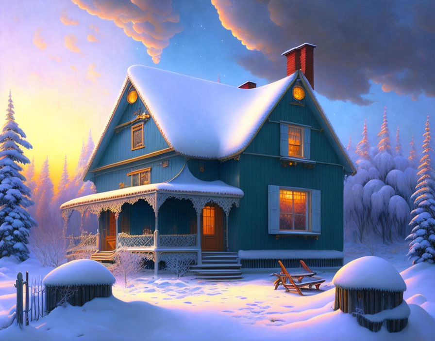 Snow-covered blue house in twilight with warm glowing windows.