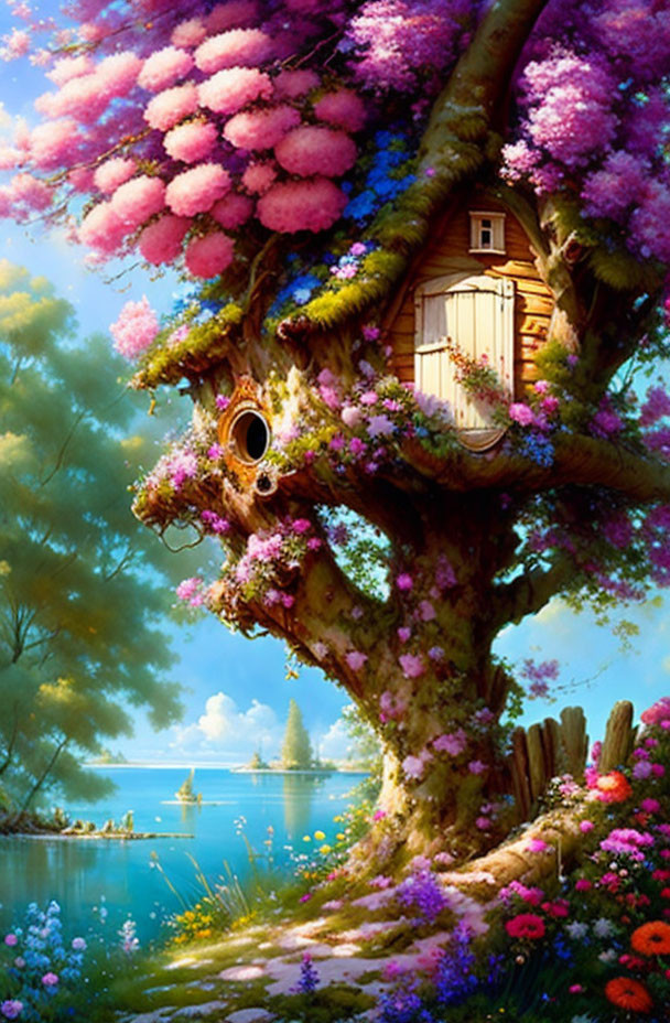 Whimsical painting of tree with door and window near serene lake